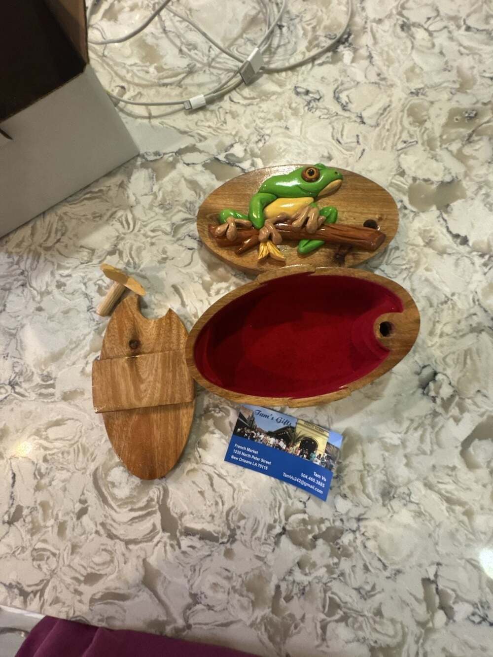 Handmade Carved Wooden Frog Trinket Box with Red Velvet Lining